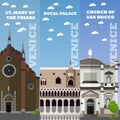 Venice tourist landmark banners. Vector illustration with Italian famous buildings.