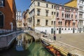 Venice. Urban landscape with canal, bridge, gondola, tourists