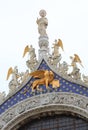 Venice, VE, Italy - May 18, 2020: Detail of golden winged lion on the Basilic of Saint Mark