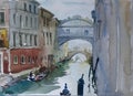 Venice view on Bridge of Sighs Ponte dei Sospiri original watercolor illustration italian painting with gondolas