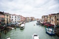 Venice. View from the Rialto Bridge to Grand Canal in Venice. Gondolas and Boats Traffic