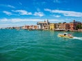 Venice water tram, motor and bridge in Italy