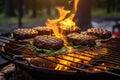 venison burger patties sizzling on a portable grill at camp