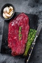 Venison raw steak from wild meat. Black background. Top view Royalty Free Stock Photo