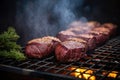 venison steaks on a pellet grill, surrounded by smoke