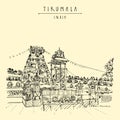 Venkateswara Temple, Tirumala, Andhra Pradesh, India. Travel sketch. Vintage hand drawn postcard