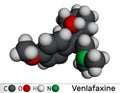 Venlafaxine antidepressant drug molecule. It is used for the treatment of major depression. Molecular model. 3D rendering