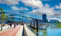Venlo, Netherlands - June 9. 2021: View over street and cycle path on skyline of dutch modern city, inland yacht harbour, bridge, Royalty Free Stock Photo