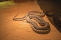 Venomous vipers bask under the rays of a lamp in a terrarium, narrow depth of focus. The concept of Serpentology