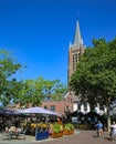 Market square with outdoor gastronomy in summer in dutch town, green linden trees