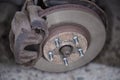 Ventilated disc brake of used car, closeup in selective focus Royalty Free Stock Photo