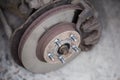 Ventilated disc brake of used car, closeup in selective focus Royalty Free Stock Photo