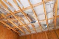 Construction workers install ventilation ducts insulation in residential building under renovation Royalty Free Stock Photo