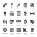 Ventilation equipment glyph icons. Air conditioning, cooling appliances, exhaust fan. Household and industrial