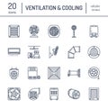 Ventilation equipment line icons. Air conditioning, cooling appliances, exhaust fan. Household and industrial ventilator