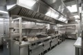 ventilation and exhaust system in commercial kitchen, with hoods above cooking appliances