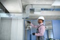 ventilation system installation and repair service. hvac technician at work. banner copy space Royalty Free Stock Photo