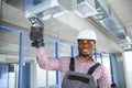 ventilation system installation and repair service. hvac technician at work. banner copy space Royalty Free Stock Photo