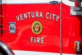 A Ventura City Fire Department logo and city seal on fire department engine. City Seal is visible.