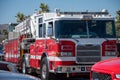 Fire engines and fire trucks from the Ventura City Fire Department at a training session at Harbor Cove Beach at Ventura Harbor.