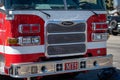 Fire engines with a Pierce logo in the grill from the Ventura City Fire Department at a training session.