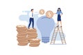 Venture capital. A man standing on a stack of coins, a woman standing on a ladder throwing coins in a light bulb, on the Royalty Free Stock Photo