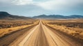 Venture down a remote dirt road, cutting through the barren vastness of the desert landscape. Ai Generated