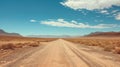 Venture down a remote dirt road, cutting through the barren vastness of the desert landscape. Ai Generated