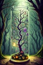 Eerie Forest with Illuminated Jars, Alchemical Elements, and Symbols. AI generated