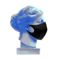 Venus de Milo head sculpture in the side view wearing black protective mask
