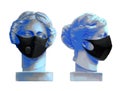 Venus de Milo head sculptures in the front and side views wearing black protective masks