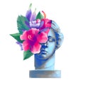 Venus de Milo statue with cut skin and exotic flowers