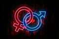 Venus and Mars Pink and Blue Gender symbol Neon Sign on a Dark Heart decorated Wooden Wall 3D illustration