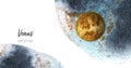 Venus planet horizontal banner watercolor hand drawn illustration with watercolor splash backgroundon white. Royalty Free Stock Photo