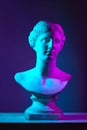 Venus statue. Antique statue bust, Greek sculpture against gradient studio background in neon lights. Concept of art and