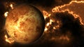 Venus surface. Venus in 360 degree rotation. Realistic 3D render of Venus and stars.