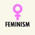 The Venus symbol & text `FEMINISM`. Isolated pink icon and black letters in cartoon style. Concept illustration Royalty Free Stock Photo