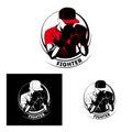 Muay Thai Kickboxing MMA sportsman logo. Fighter in boxing gloves and a hat.