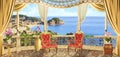 Veranda with antique armchairs and sea view fresco