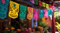 veranda of house is decorated with bright garland