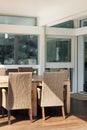 Veranda, wicker chairs and wooden table