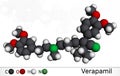 Verapamil molecule. It is calcium channel blocker used in treatment of high blood pressure, heart arrhythmias, angina. Molecular