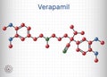 Verapamil molecule. It is calcium channel blocker used in treatment of high blood pressure, heart arrhythmias, angina. Sheet of