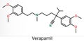 Verapamil molecule. It is calcium channel blocker used in treatment of high blood pressure, heart arrhythmias, angina. Skeletal