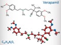 Verapamil molecule. It is calcium channel blocker used in treatment of high blood pressure, heart arrhythmias, angina. Structural