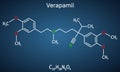 Verapamil molecule. It is calcium channel blocker used in treatment of high blood pressure, heart arrhythmias, angina. Structural