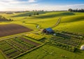 Verdant rolling hills with patchwork fields under a clear blue sky. A Royalty Free Stock Photo
