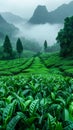 Verdant Tea Plantation Stretching Into the Morning Fog The green blurs with the mist