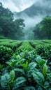 Verdant Tea Plantation Stretching Into the Morning Fog The green blurs with the mist