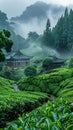 Verdant Tea Plantation Stretching Into the Morning Fog The green blurs with the mist